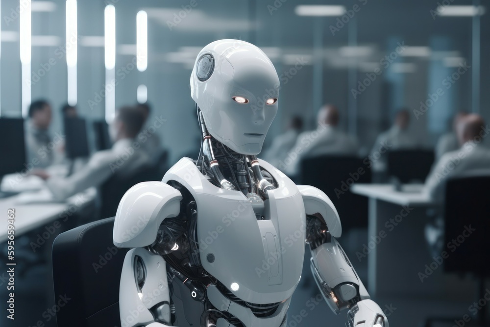 Robot working at computer among people. AI generated, human enhanced Robot working at computer among people. AI generated, human enhanced
