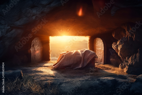 Tomb Empty With Shroud And Crucifixion At Sunrise. Resurrection Of Jesus Christ. AI generated, human enhanced