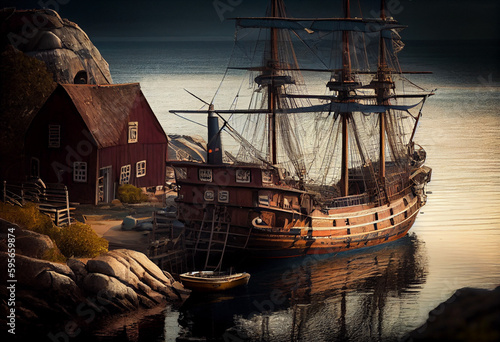 Wallpaper Mural Photorealistic pirate schooner or sailing ship in the style of the 16th-17th century against the backdrop of the evening sea. AI generative. Torontodigital.ca