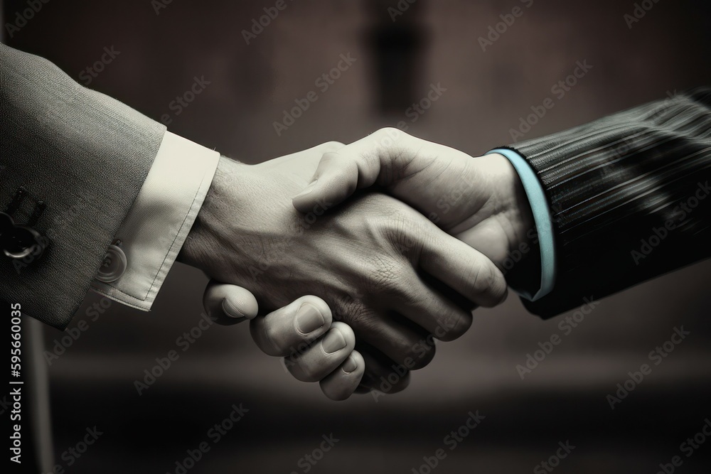 Two businessmen shake hands. Handshake deal symbol. Business concept. Contract signing. AI generated, human enhanced Two businessmen shake hands. Handshake deal symbol. Business concept. Contract signing. AI generated, human enhanced