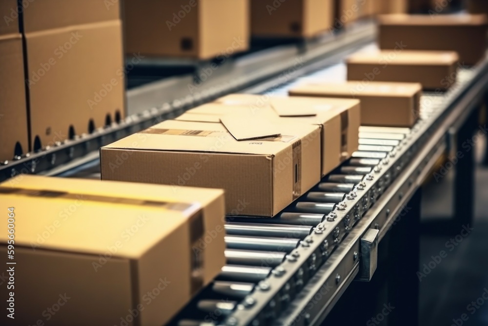 The parcel is on the conveyor belt. Concept of automatic logistics management. AI generated, human enhanced The parcel is on the conveyor belt. Concept of automatic logistics management. AI generated, human enhanced