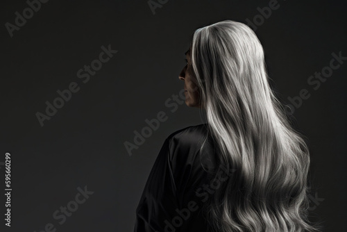 Silver Elegance: Back View of Elder Woman's Long Gray Locks