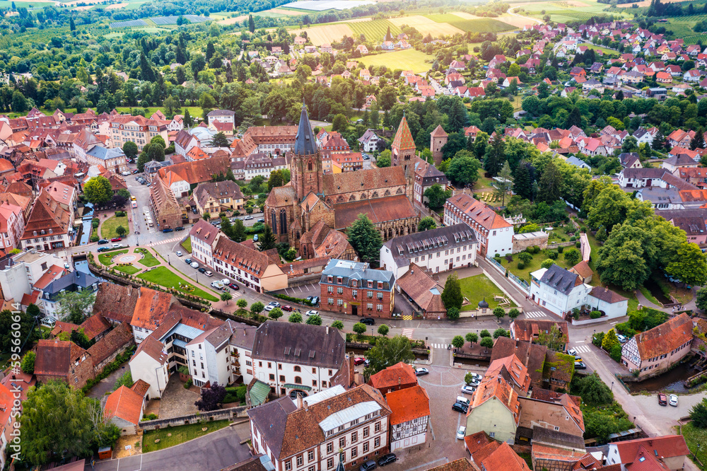 Naklejka premium Wissembourg (Weißenburg) town in Alsace area, France. Historic Center of Wissembourg, Alsace, France. The picturesque city of Wissembourg in Bas Rhin, Alsace, France.