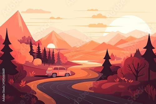 A friendly family in a cute minivan goes camping in the mountains  flat style image with elements of nature