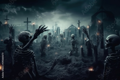 Zombies Rising In Dark. Bones And Skulls Out Of A Cemetery. AI generated, human enhanced