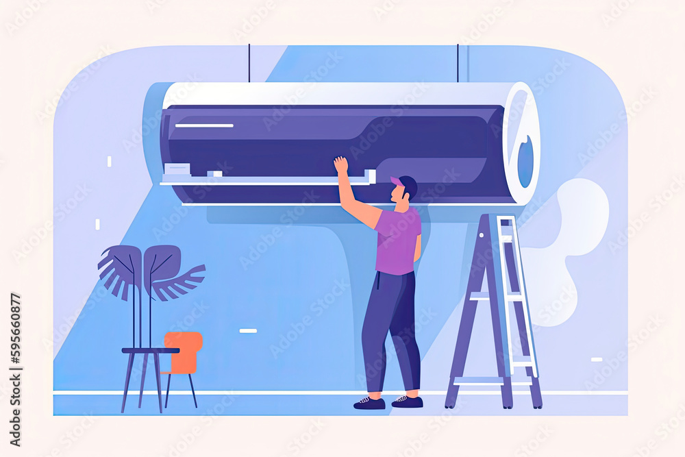 Technician repairing split air conditioner on a blue wall. Construction building industry Technician repairing split air conditioner on a blue wall. Construction building industry