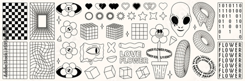 Rave psychedelic retro futuristic set in trendy y2k style. Face alien, flower power character. Surreal abstract geometric shapes, and patterns, wireframe, cyberpunk elements and perspective grid.
