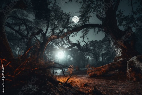 A scary Halloween night with eerie moonlit trees in the background. Generative AI