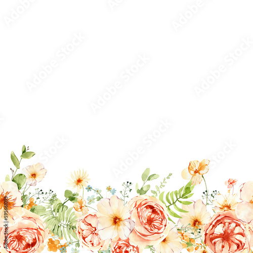 Watercolor floral border clipart. Field flowers seamless border.