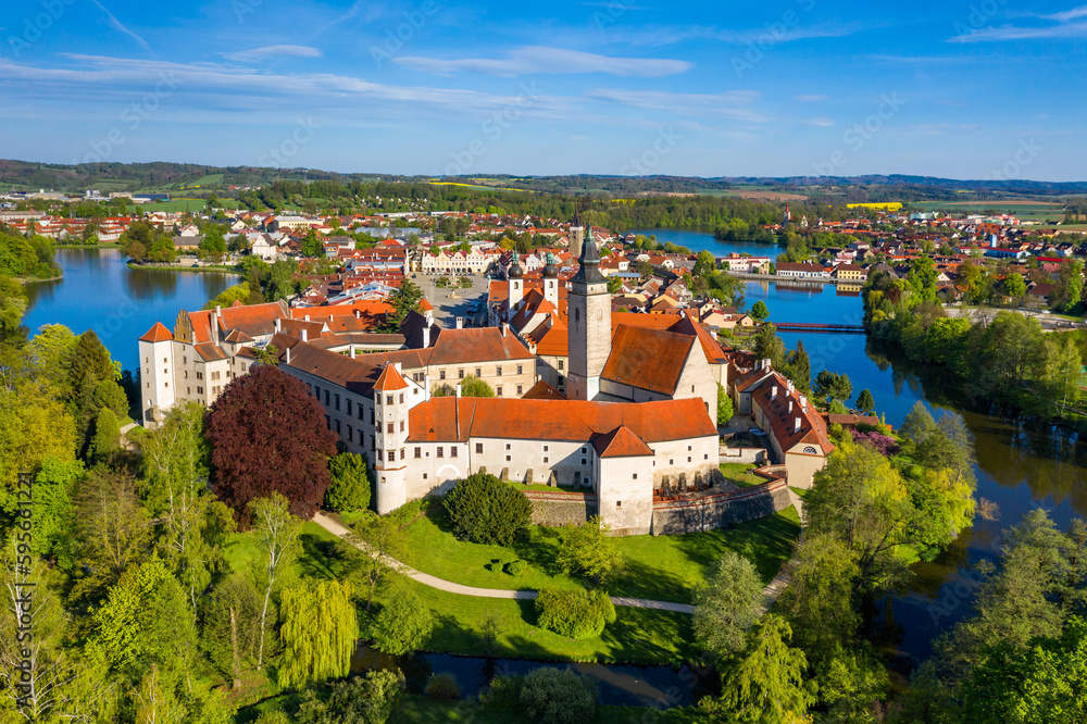Aerial landscape of small Czech town of Telc with famous Main Square (UNESCO World Heritage Site). Aerial panorama of old town Telc, Southern Moravia, Czechia. Historic centre of Telc, Czech Republic.