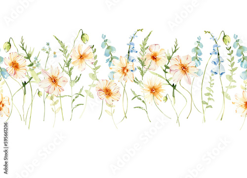 Watercolor seamless border clipart  png border  field flowers  meadow plants  poppy flower.