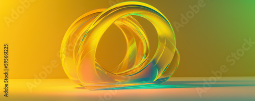 Generative AI creative image of transparent bright yellow and shining blue colors geometric glass sphere decoration with glowing reflection on abstract background