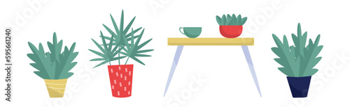 Green Home Plant in Pot as House Interior Decorative Object Vector Illustration Set