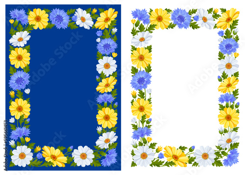 Rectangular frame with cute pattern of blue cornflowers, yellow and white daisy flowers, leaves and buds isolated on a white and blue background. A4 aspect ratio. Vector illustration