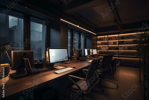 Office workstation with technological architecture and furniture. Generative AI