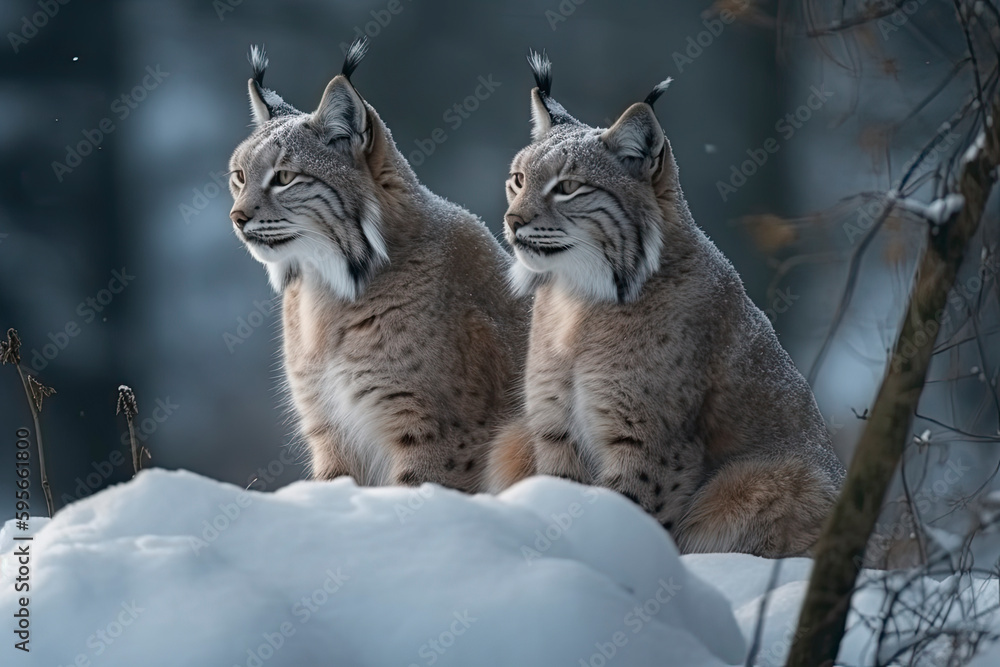 Mother and child Lynx sitting in the snow