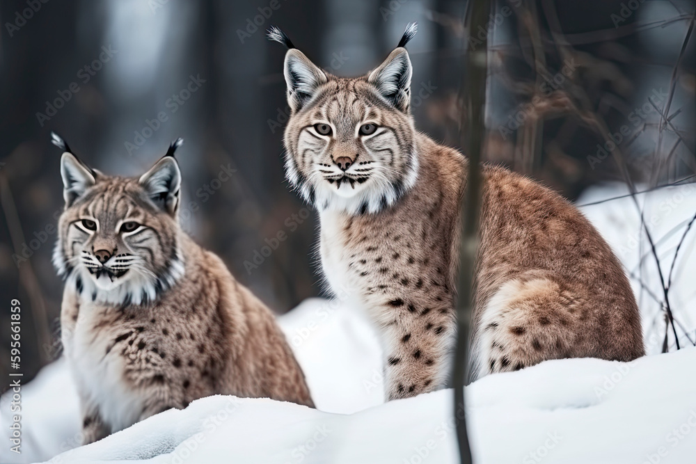 Mother and child Lynx sitting in the snow Mother and child Lynx sitting in the snow