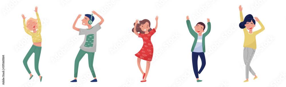 Young Boy and Girl Dancing to Music Raising Up Hands Vector Illustration Set Young Boy and Girl Dancing to Music Raising Up Hands Vector Illustration Set