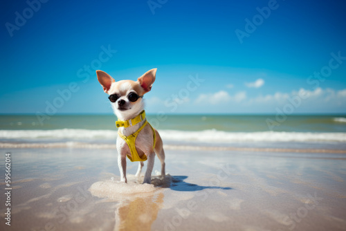 Chihuahua dog on the beach  funny portrait  generativeai