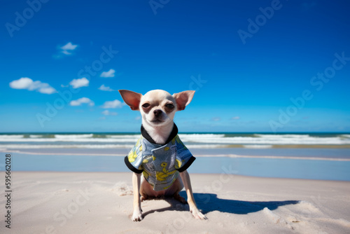Chihuahua dog on the beach, funny portrait, generativeai © Joachim