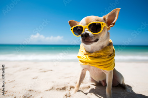 Chihuahua dog on the beach, funny portrait, generativeai © Joachim