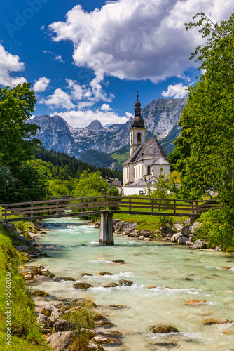 Parish Church of St. Sebastian in the village of Ramsau, Nationalpark Berchtesgadener Land, Upper Bavaria, Germany. Colorful view of Parish Church of St. Sebastian, Ramsau bei Berchtesgaden, Germany.