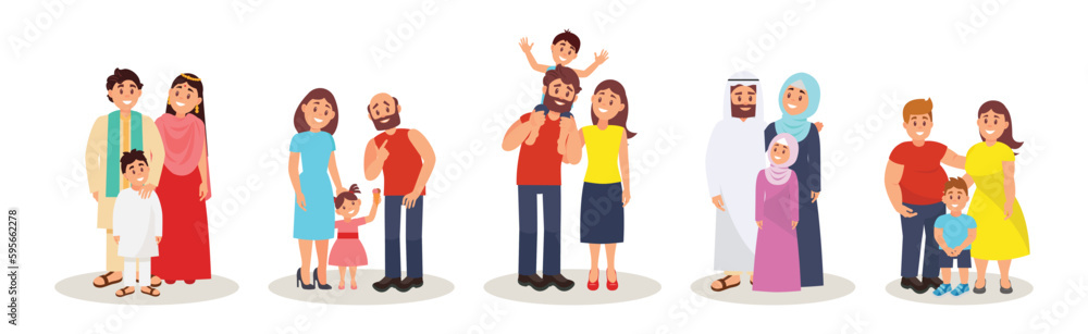 Father and Mother Standing with Children as Families of Different Nationalities Vector Illustration Set
