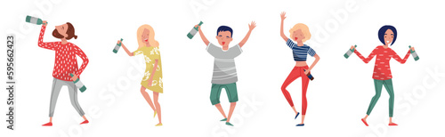 Drunk People Characters with Bottle of Alcoholic Drink Vector Illustration Set