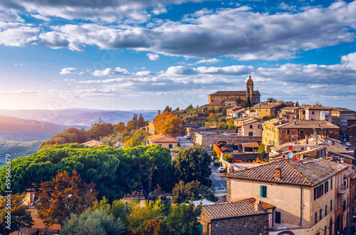 View of Montalcino town, Tuscany, Italy. Montalcino town takes its name from a variety of oak tree that once covered the terrain. View of the medieval Italian town of Montalcino. Tuscany photo