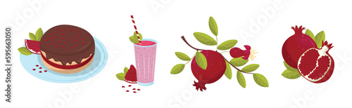 Pomegranate Food with Fruit and Served Cake and Smoothie Vector Set
