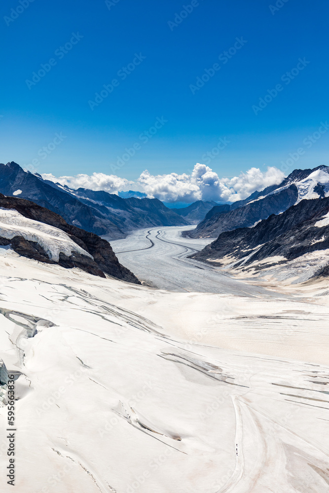 Aletsch Glacier in the Jungfraujoch, Switzerland. Jungfraujoch, Top of Europe, one of the highest observatories in the world located at the Jungfrau railway station, Bernese Oberland, Switzerland.