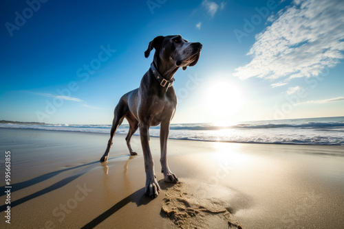 Great Dane dog on the beach, funny portrait, generativeai