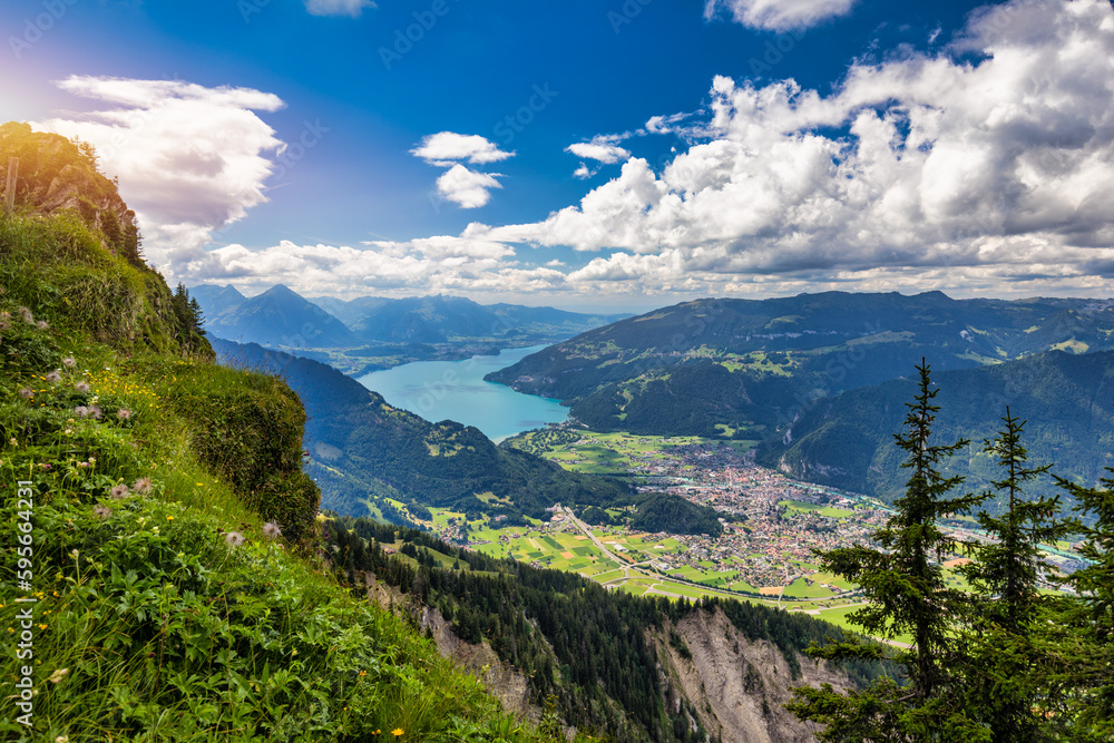 Beautiful Lake Thun view from Schynige Platte trail in Bernese Oberland, Canton of Bern, Switzerland. Popular mountain in the Swiss Alps called Schynige Platte in Switzerland, aerial view.