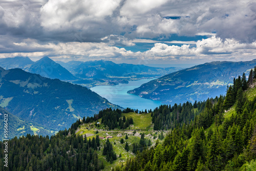 Beautiful Lake Thun and Lake Brienz view from Schynige Platte trail in Bernese Oberland, Canton of Bern, Switzerland. Popular mountain in the Swiss Alps called Schynige Platte in Switzerland. © daliu