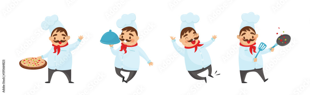 Man Chef with Moustache Cooking and Serving Food Vector Illustration Set Man Chef with Moustache Cooking and Serving Food Vector Illustration Set