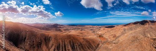 Betancuria National Park on the Fuerteventura Island  Canary Islands  Spain. Spectacular view of the picturesque mountain landscape from the drone of the Betancuria National Park in Fuerteventura