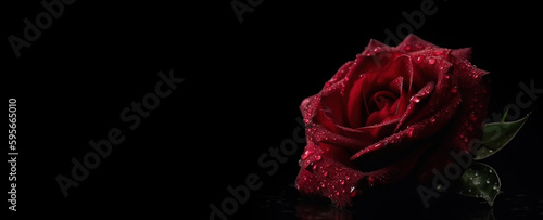 Rose red macro on the table, top view. Banner Copyspace. isolated on a black background. Generative Ai