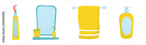 Bathroom Objects with Toothpaste Tube, Mirror, Towel and Soap Vector Set