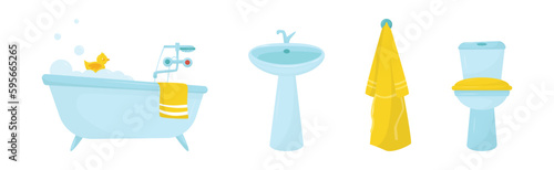 Bathroom Objects with Bathtub, Sink, Towel and Toilet Bowl Vector Set