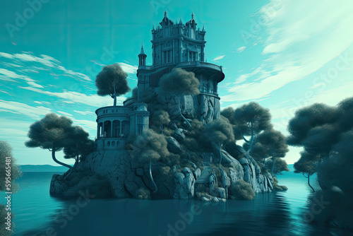 castle on the water, small island. Generative AI image.