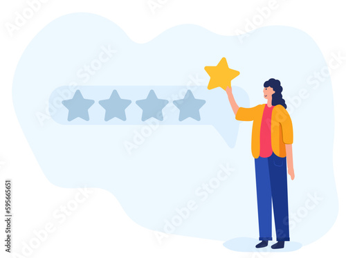 Illustration of people characters giving five-star feedback through stars rating system. Vector concepts depicting customer reviews with both positive and negative ratings. Vector.