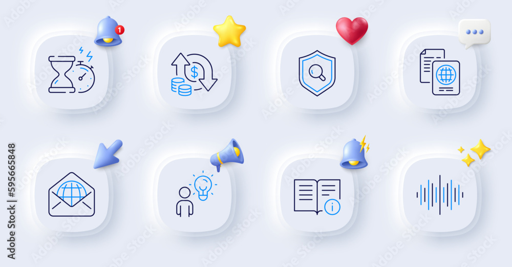 Change money, Inspect and Group people line icons. Buttons with 3d bell, chat speech, cursor. Pack of Sound wave, Passport document, Web mail icon. Technical info, Hourglass timer pictogram. Vector Change money, Inspect and Group people line icons. Buttons with 3d bell, chat speech, cursor. Pack of Sound wave, Passport document, Web mail icon. Technical info, Hourglass timer pictogram. Vector
