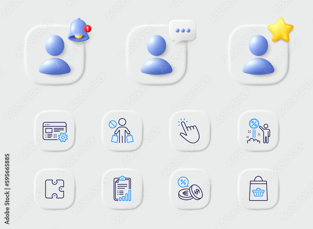 Currency exchange, Discount and Web settings line icons. Placeholder with 3d star, reminder bell, chat. Pack of Stop shopping, Puzzle, Checklist icon. Online buying, Cursor pictogram. Vector Currency exchange, Discount and Web settings line icons. Placeholder with 3d star, reminder bell, chat. Pack of Stop shopping, Puzzle, Checklist icon. Online buying, Cursor pictogram. Vector