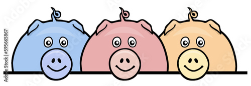 three curte rounde cartoon pigs with a line below