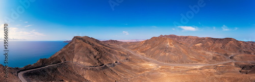 Betancuria National Park on the Fuerteventura Island  Canary Islands  Spain. Spectacular view of the picturesque mountain landscape from the drone of the Betancuria National Park in Fuerteventura