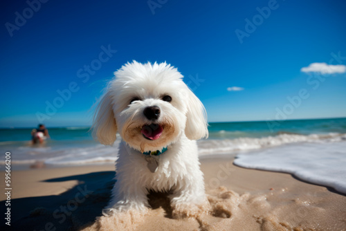 Malteser dog on the beach, funny portrait, generativeai © Joachim