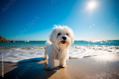 Malteser dog on the beach, funny portrait, generativeai