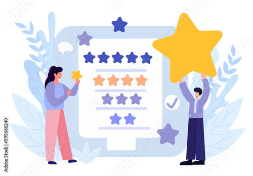 Illustration of people characters giving five-star feedback through stars rating system. Vector concepts depicting customer reviews with both positive and negative ratings. Vector.