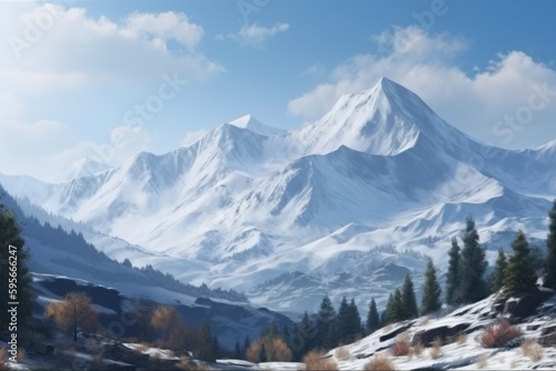 Majestic Snowy Mountain Landscape with Clear Skies, Generative AI © avrezn