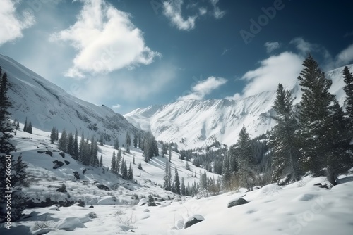 Majestic Snowy Mountain Landscape with Clear Skies, Generative AI